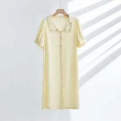 Sweet Yellow Color 100% Viscose Women's  Nightgowns  Embroidery Collar Cardigan  Summer Short Sleeve Sleepwear Home Loose Dress