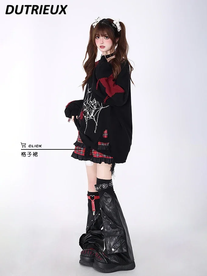 Black and Red Color Matching Long Sleeve Original V-neck Sweater Autumn Winter New Outdoor College Style Sweet Pullover