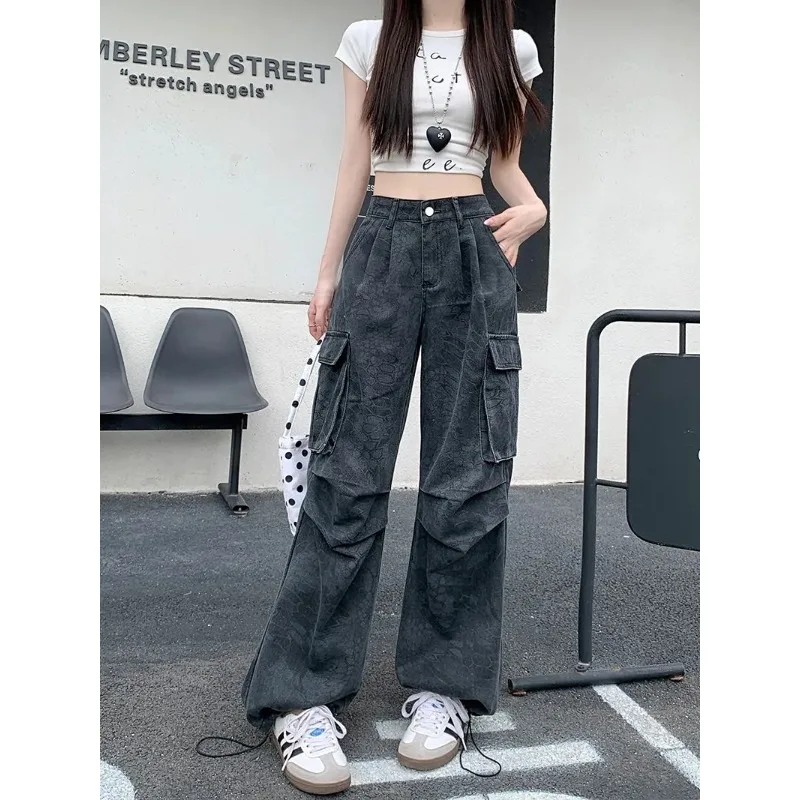 여성용 카고 루즈핏 멀티 포켓 가을 겨울 스트리트웨어 아메리칸 레트로 페이디드 카모플라주 프린트 와이드 레그 팬츠