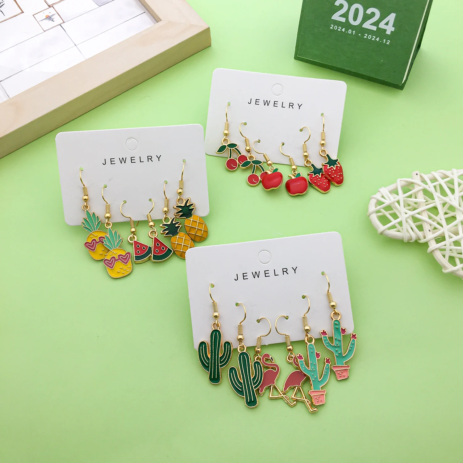 3 Pairs/Set Enamel Funny Fruit/Cactus Design Charms Earrings Fashion Alloy Jewelry Women Girls Holiday Gifts