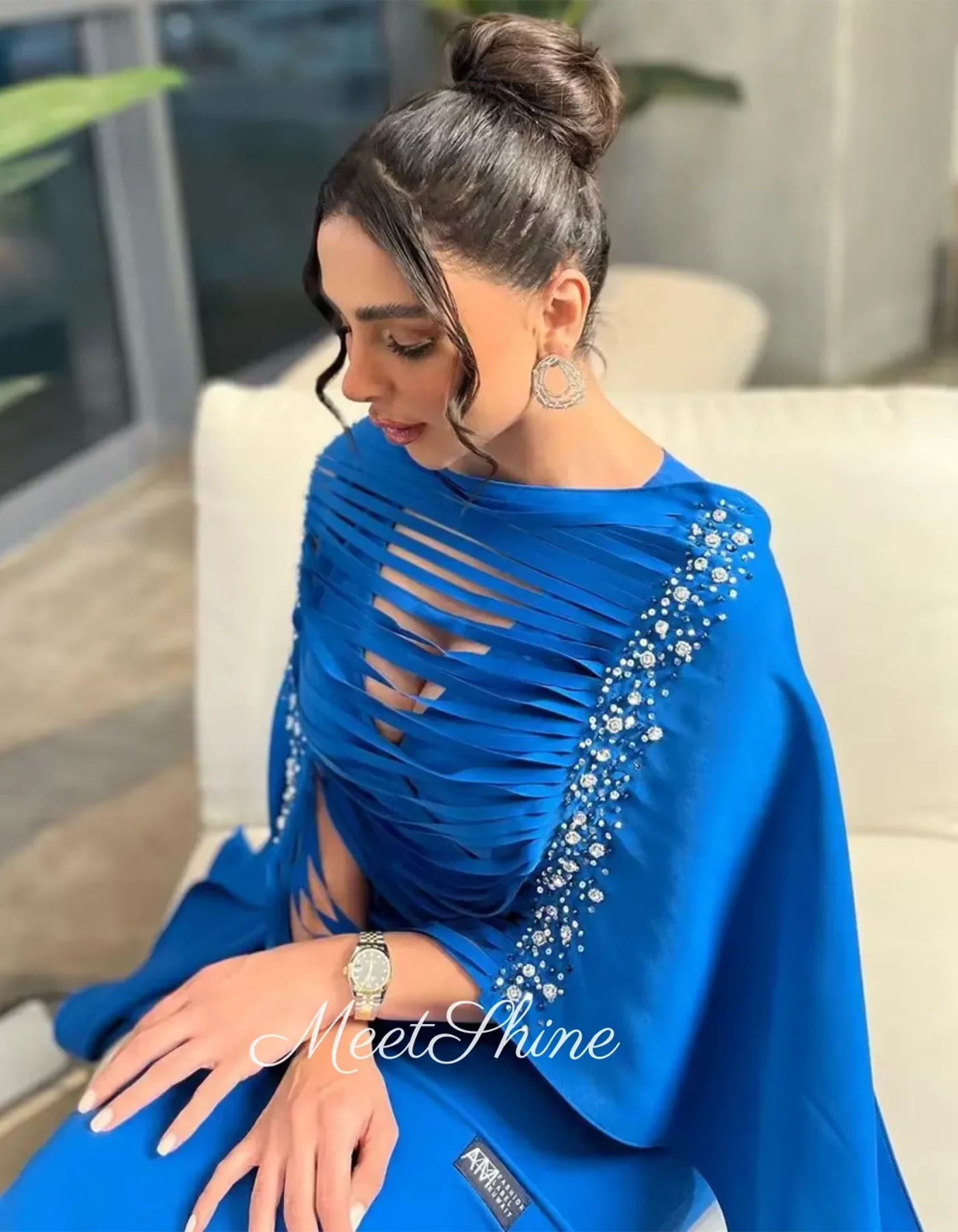 블루 새틴 댄스 파티 드레스 화이트 비즈 크리스탈 정장 웨딩 드레스 이브닝 드레스 사우디 아라비아 맞춤형 Vestidos De Gala 2025