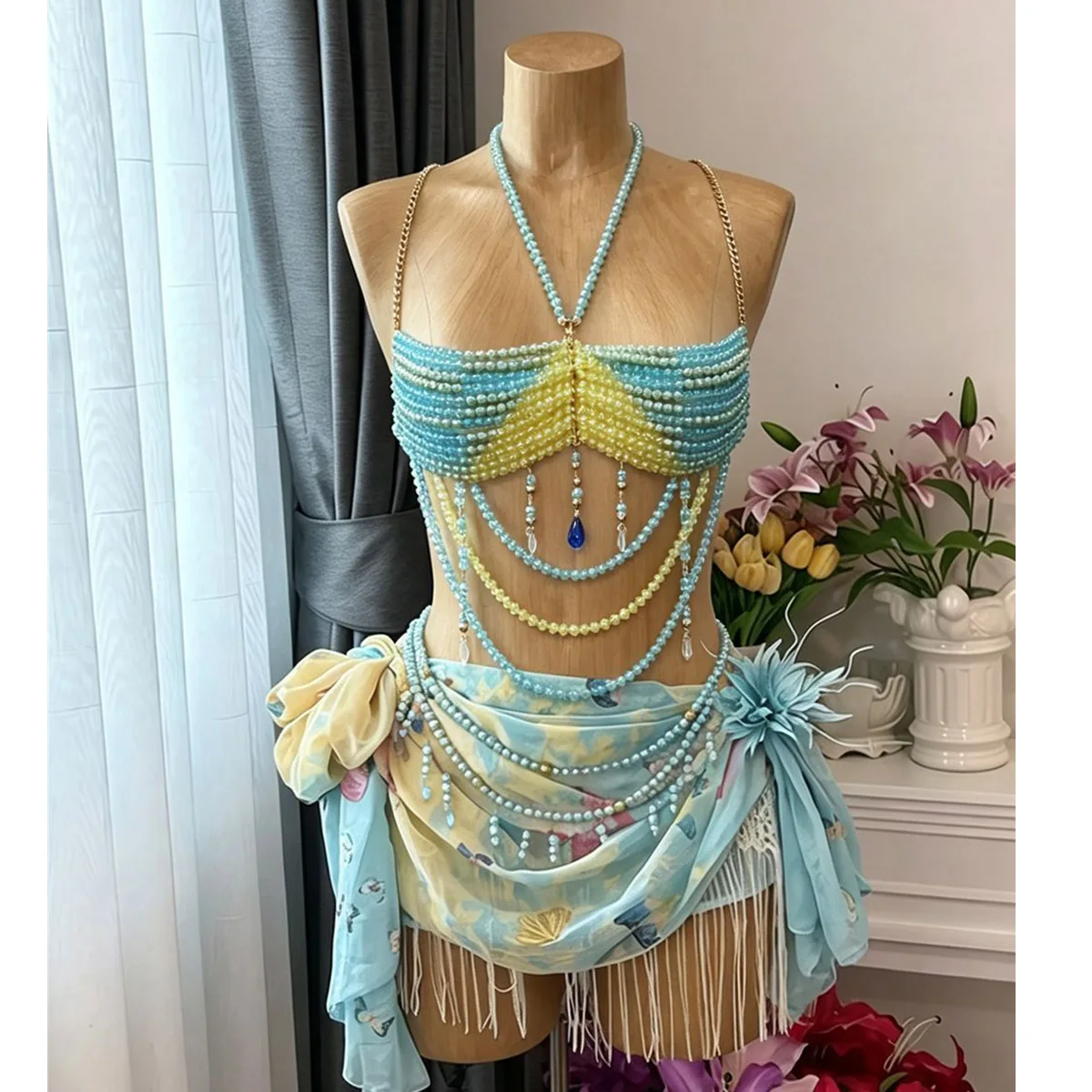 Vacation Rave Outfit Sexy Swimwear Bikini Cover Up Fringe Mermaid Corset Crystal Body Chain Yellow Blue Beaded Halter Top