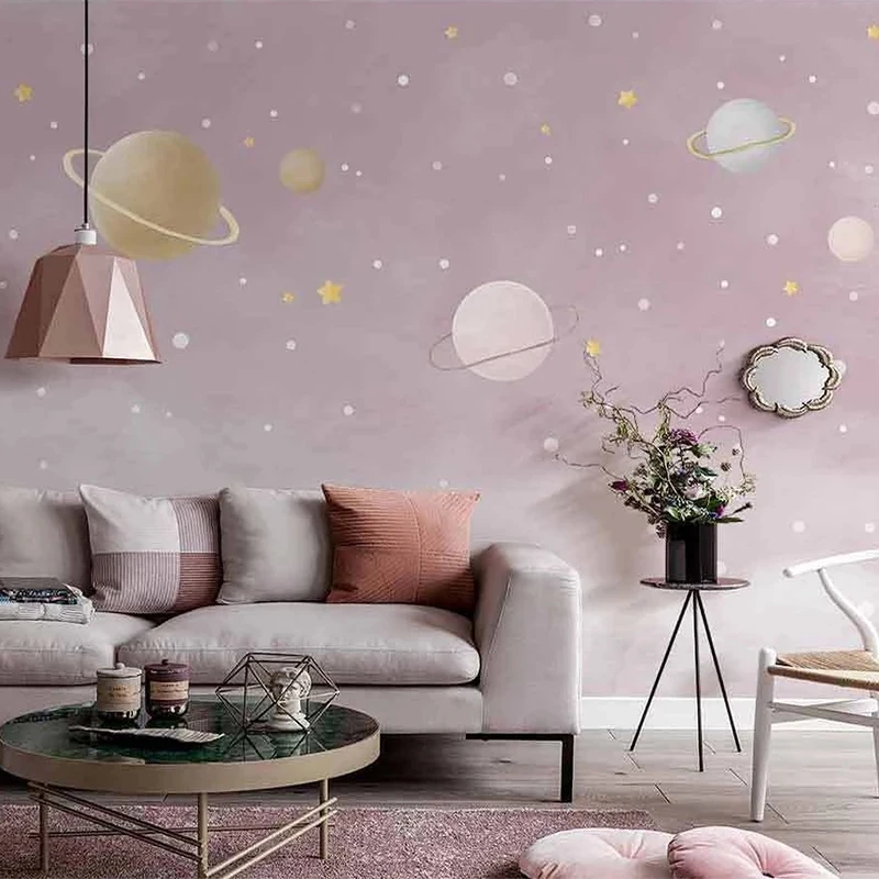 Customized 3D Wallpaper Nordic Hand Painted Pink Starry Sky Romantic Cloud Mural Girl's Children's room bedroom restaurant study