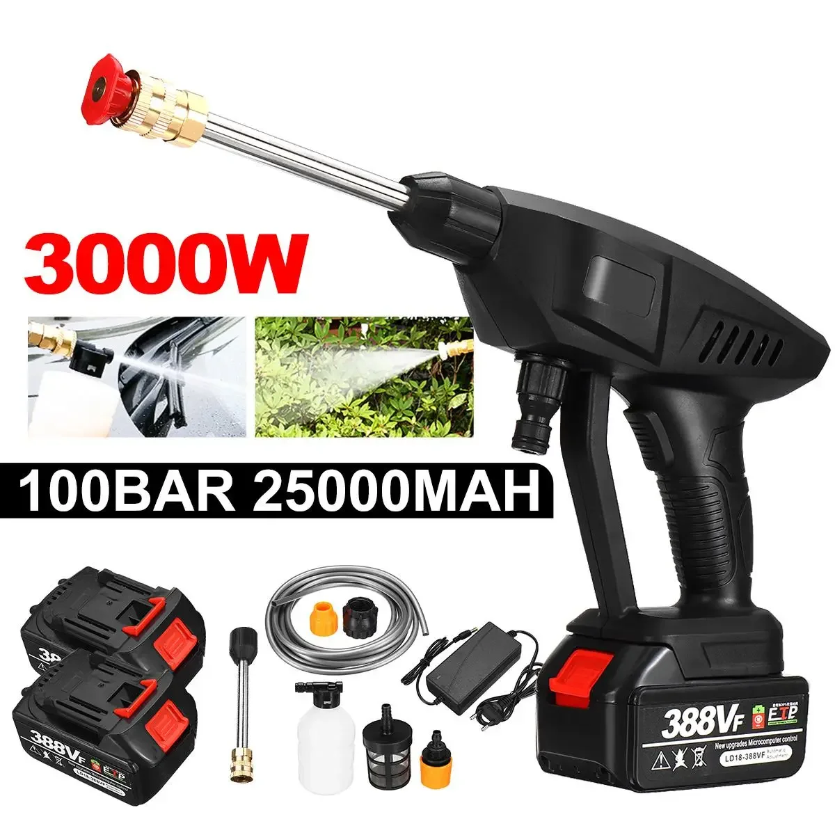 

3000W 100Bar Wireless High Pressure Car Wash Washer Gun 50000mah Battery Foam Generator Water Gun Spray Cleaner