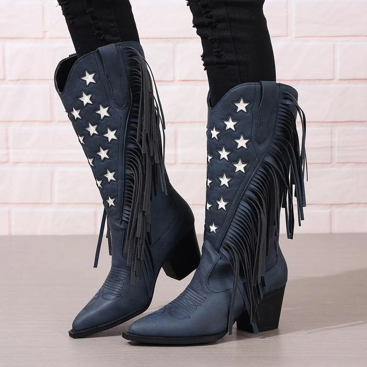 

Women's Mid-Calf Embroidered Boot High Heel Western Style Autumn Spring New Large Tassel Stitched Rubber Outsole Cotton Lined