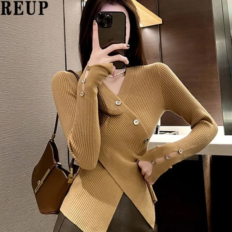 Women\'s Autumn Winter Fashion Solid V-neck Button Cross Irregular Temperament Versatile Long Sleeve Slim Fit Sweater Knit Tops