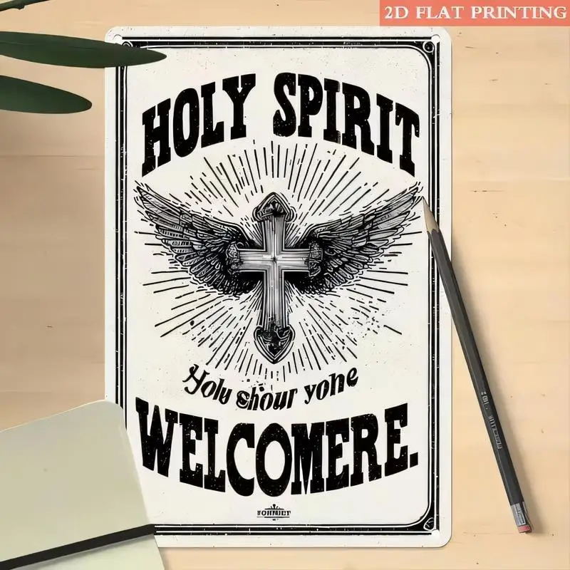 2D Flat Printed Holy Spirit Cross Wings Vintage Metal Tin Sign - Retro Black&White Christian Wall Art, Iron Material, Perfect fo