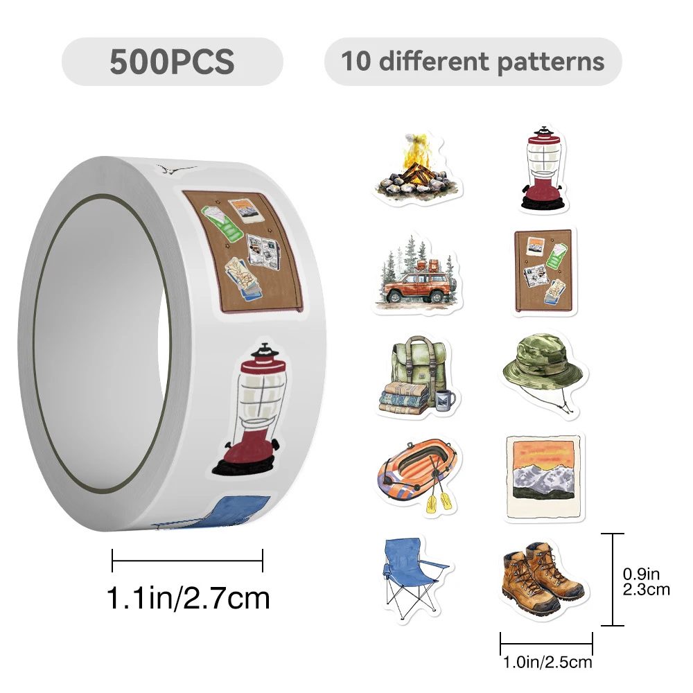 

500pcs/roll Happer Camper Outdoor Travel Stickers Sealing Labels Sticker Scrapbook Luggage Phone Funny Graffiti Decals Kids Toy