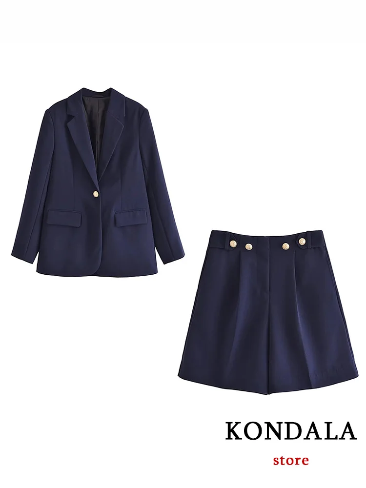 KONDALA Office Lady Suit Navy Blue Solid V Neck Single Button Pockets Blazer Zipper Loose Shorts Fashion 2023 Summer Elegant Set