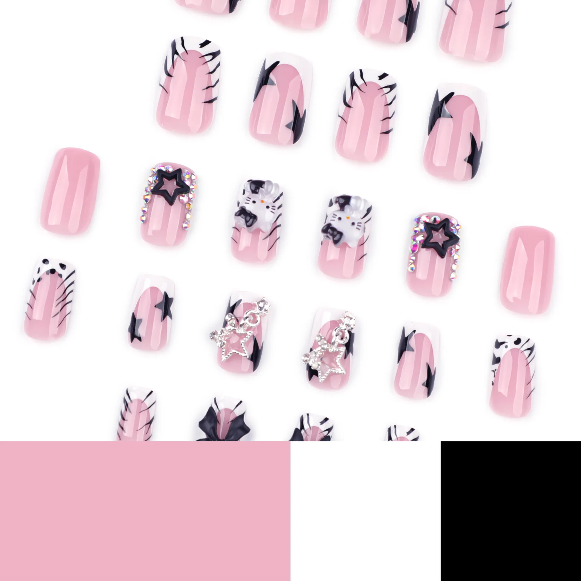 24 قطعة من أظافر الضغط بطباعة حمار وحشي مع تصميمات نجمة وفيونكة، ولمسات حجر الراين ونمط قطة، وأحجام متنوعة