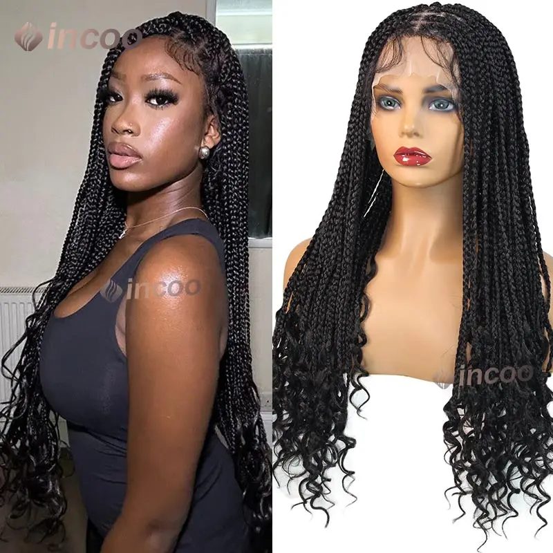 24Inch Full Lace Synthetic Braided Wigs Knotless Cornrows Braided Lace Wig Boho Box Braids Wig with Curly Ends for Black Woman