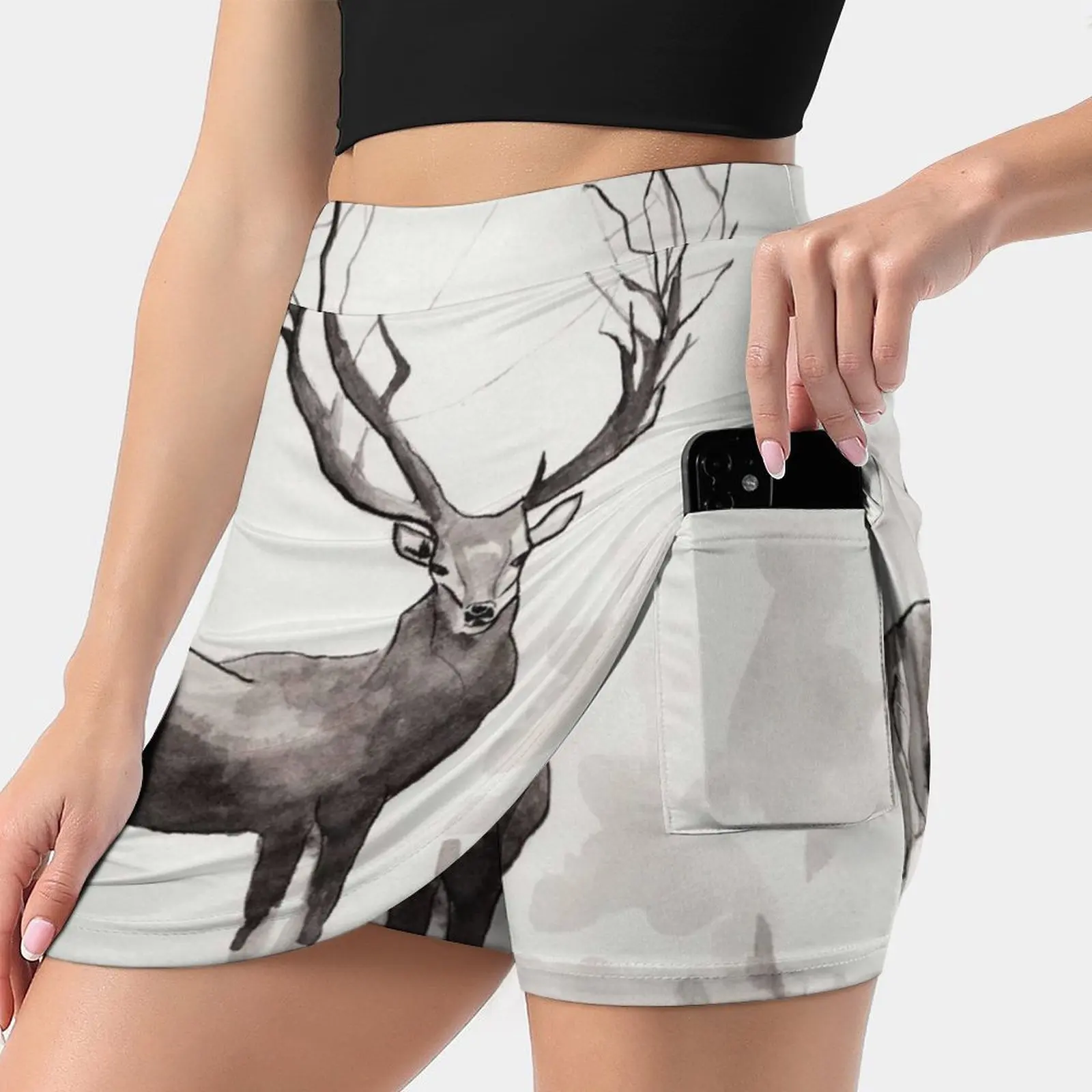 Art Illustration-Deer In The Fog Women's skirt Mini Skirts A Line Skirt With Hide Pocket Deer Fog Winter Holidays Animal Ink