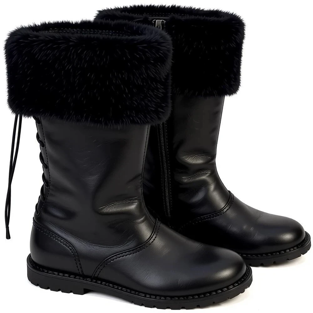 Men Winter Mid‑Calf Snow Boots PU Leather Boots With Furry Cuff Side Zipper Back Lace‑Up Non‑Slip Thick Sole Casual Winter Shoes 5
