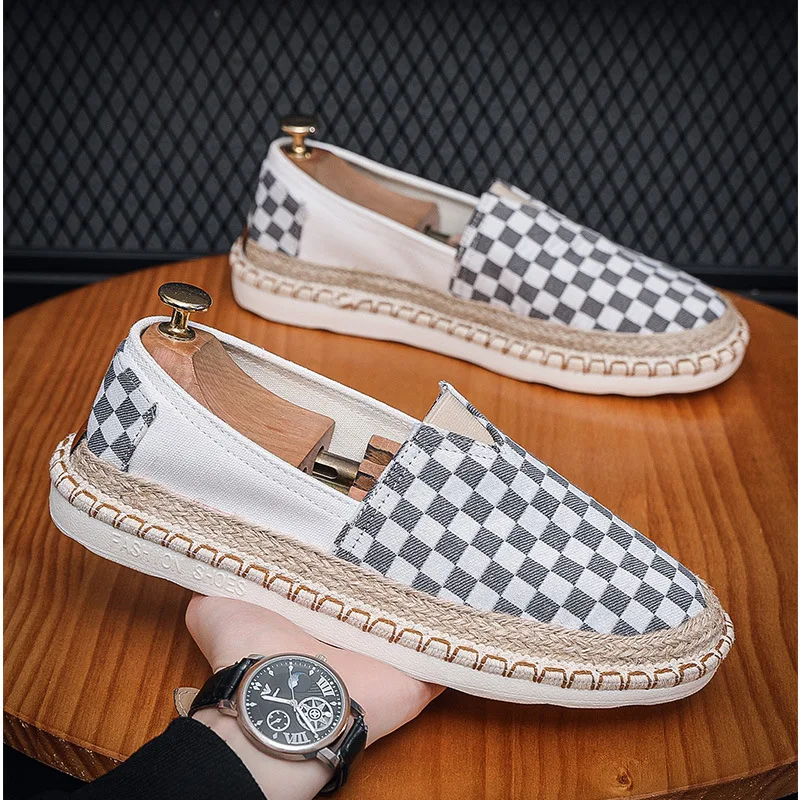 2024 Men Canvas Casual Shoes for Man Spring Summer Fashion Checkered Flat Fisherman Shoes New Design Slip-on Loafers