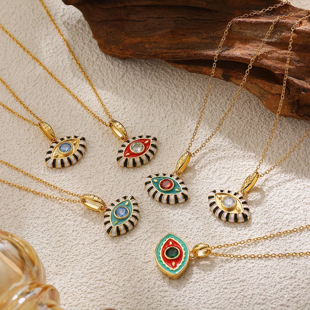 

Stainless Steel Oil Drop Multi-color Enamel Zircon Evil Eye Pendant Necklace for Women 18K Gold Plated Clavicle Choker Jewelry