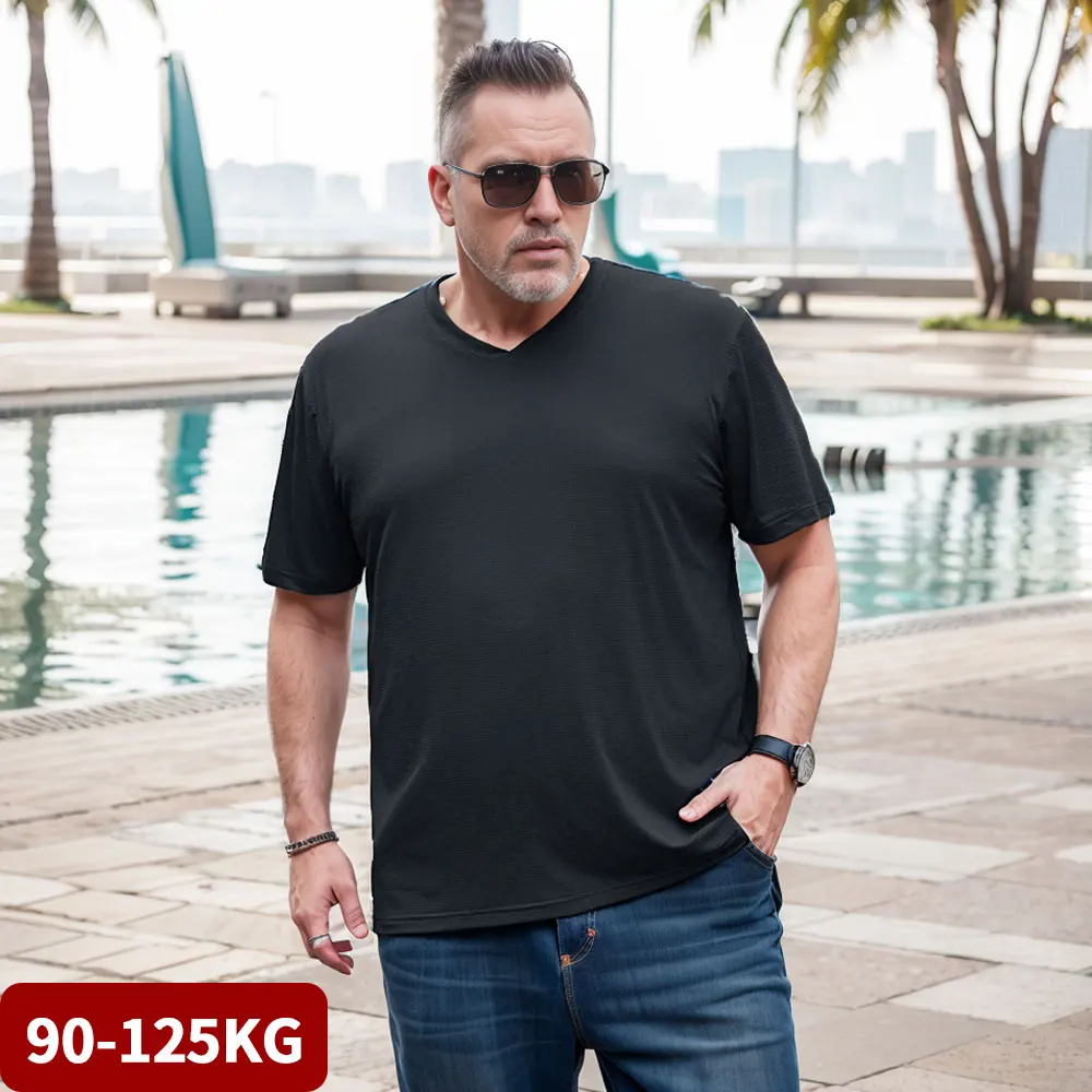 

Oversized Men T-shirt Ice Silk Summer Short Sleeve Solid V Neck Tops Ultra-thin Mens Plus Size Casual Shirts Clothing 90-125KG