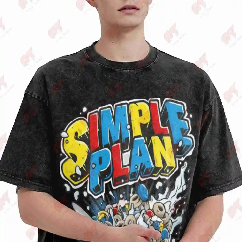 Simple Plan Band Pop Punk Cereal Bowl Lettering Vintage Washed Tee Pure Cotton T-Shirt