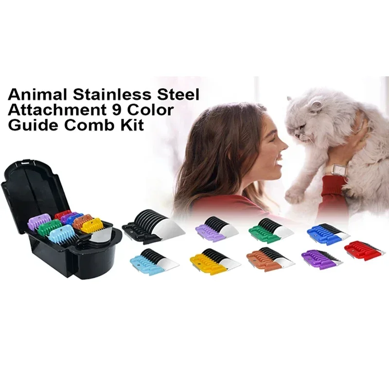 مجموعة مشط توجيه مكونة من 9 ألوان من الفولاذ المقاوم للصدأ للحيوانات لمعظم ماكينة قصاصات أوستر/واهل/أنديس القابلة للفصل (فقط على الحجم فقط # 10/15/30 شفرات)