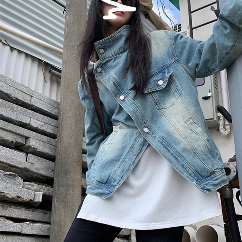 

plus Size Women's ort American Sle Retro Denim Jaet Asymmetrical Design Casual Loose Fit Long Sve Collar Coat