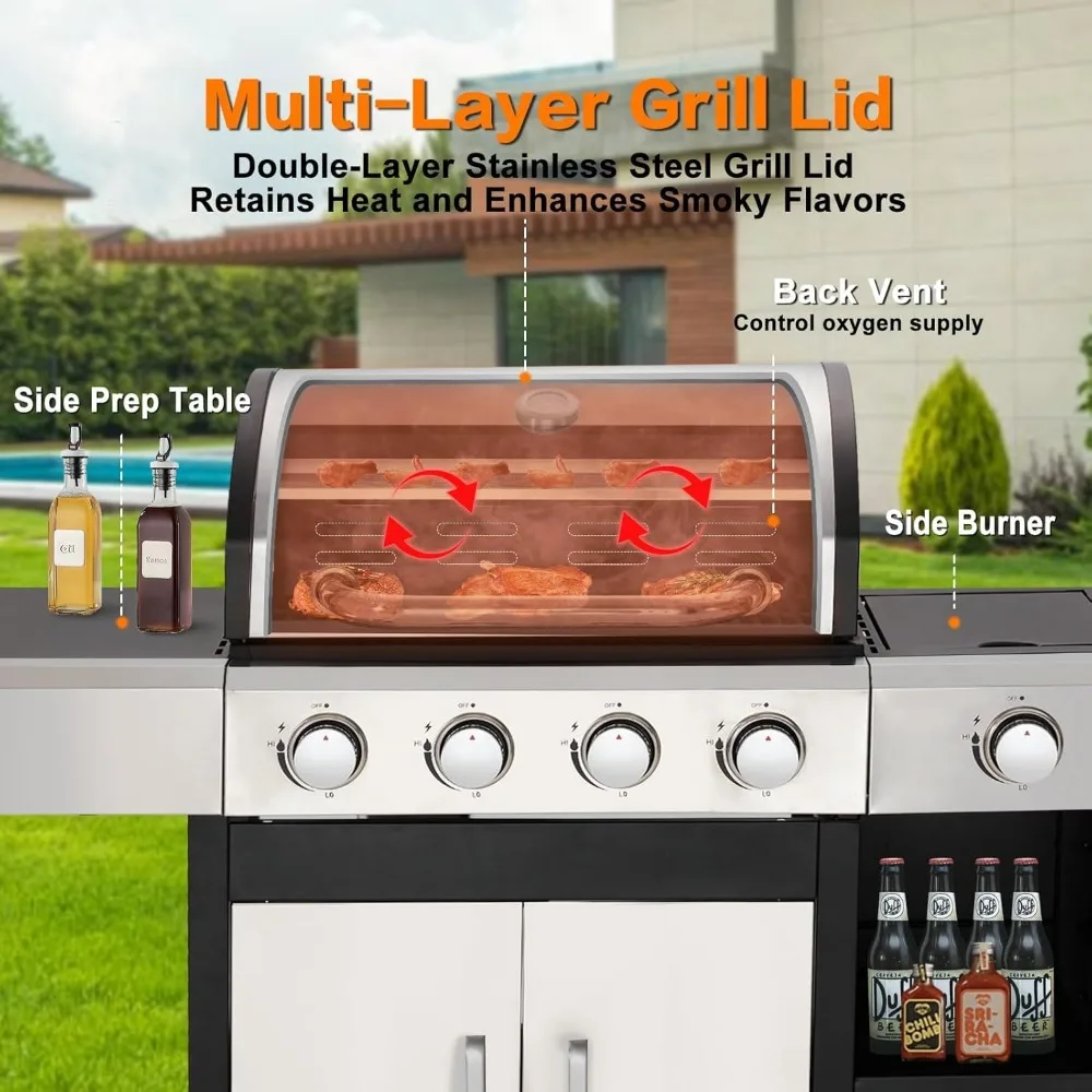 شواية غاز البروبان ذات 4 شعلات من الفولاذ المقاوم للصدأ مع موقد جانبي وخزانة، مخرج 49,000 وحدة حرارية بريطانية، وشبكات من الحديد الزهر المطلي بالخزف #5