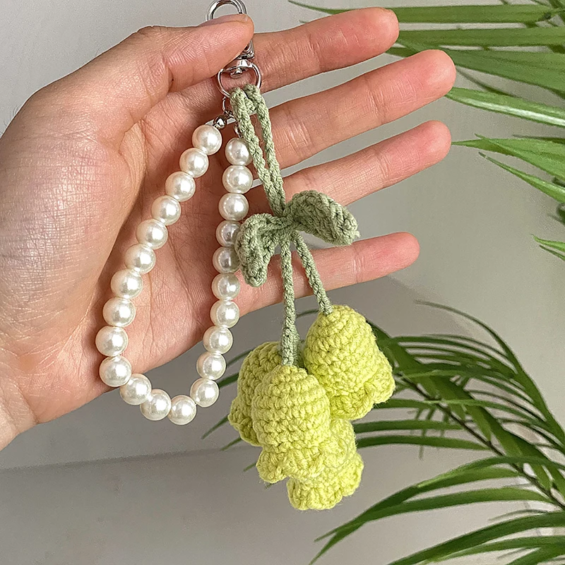 1Pc Lily Of The Valley Flower Knitted Keychain Keyring Women Crocheted Wool Flower Leaf Bag Pendants Car Key Ring Handbag Charms