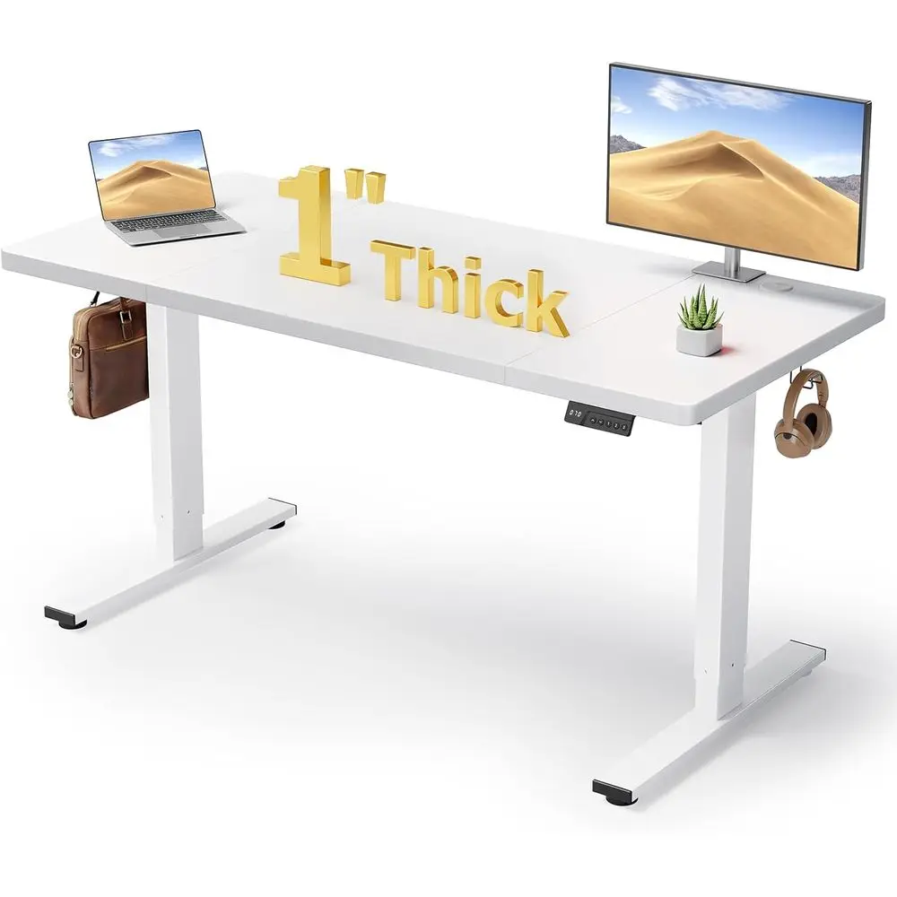 60x28 Inch Electric Height-Adjustable Desk with Thick Tabletop, Double Beam, 3 Memory Heights, and Cable Management for Home or