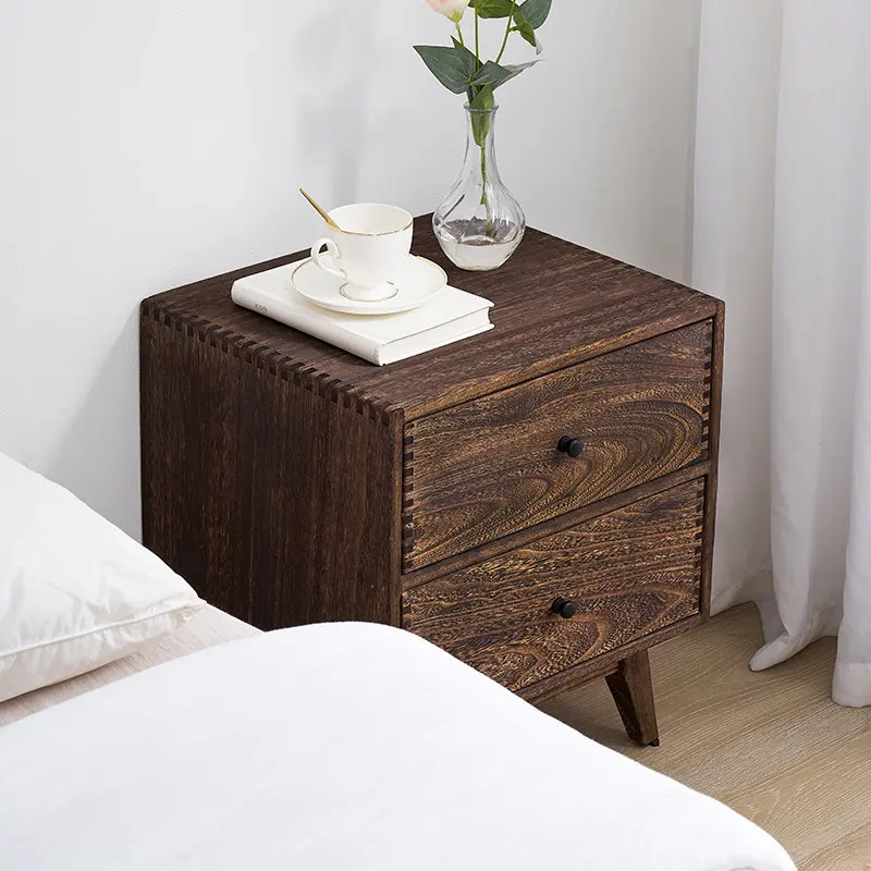 Retro Solid Wood Bedroom Nightstand 2-Drawer Bedside Cabinet Modern Japanese Nordic End Table Simple Storage Dresser for Bedroom
