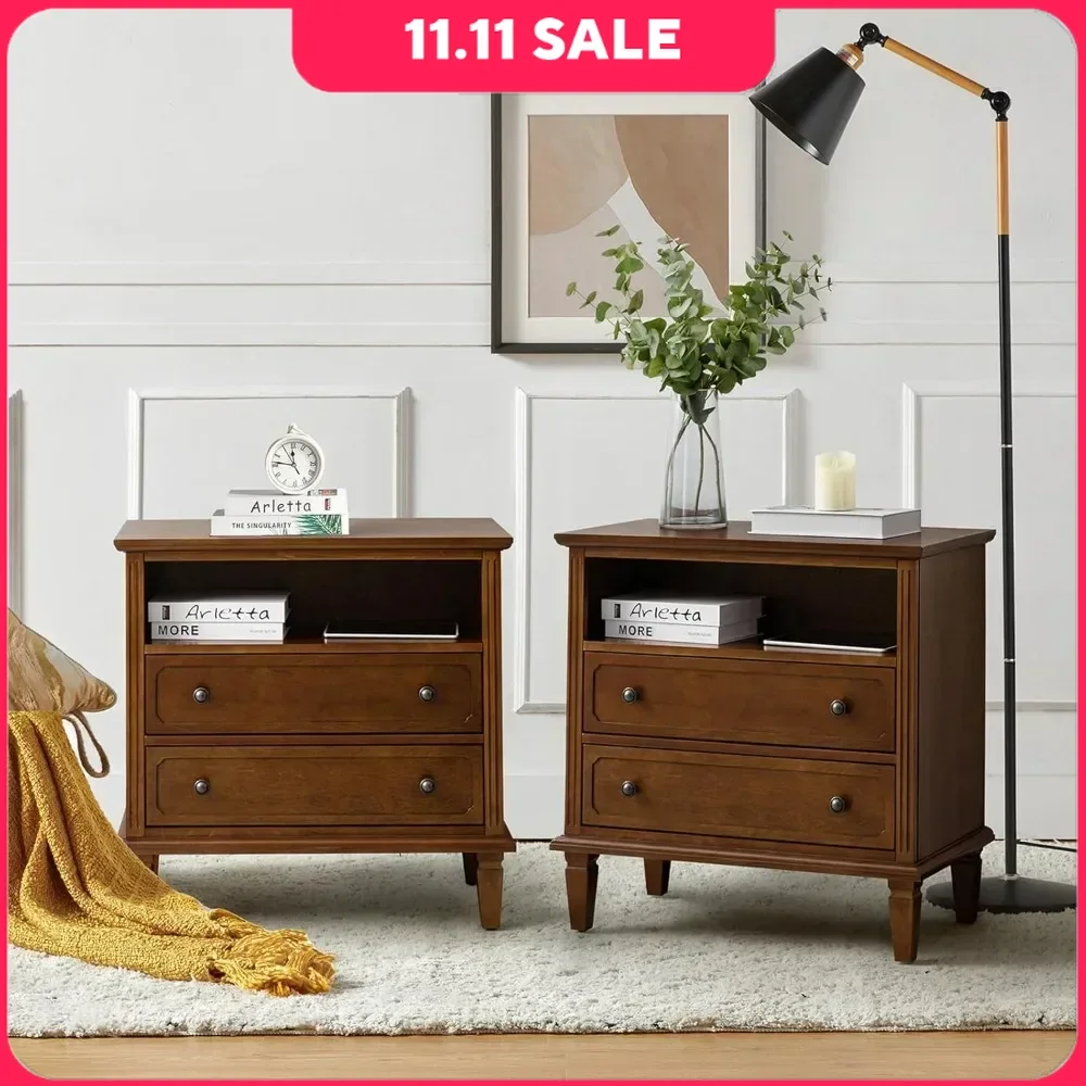 Nightstand Set of 2 with Charging Station End Table with USB Ports & Outlets Fluted Nightstand for Bedroom