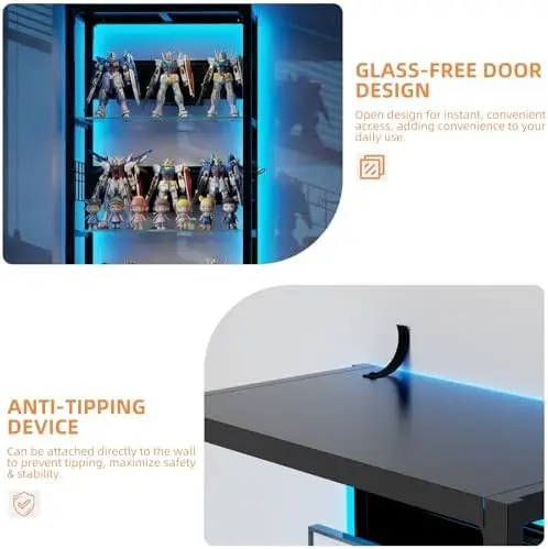 65" Tall Display Case with LED Lights, Corner Display Cabinet with Glass Storage Shelves and Hooks, Industrial 4-Tier view 6