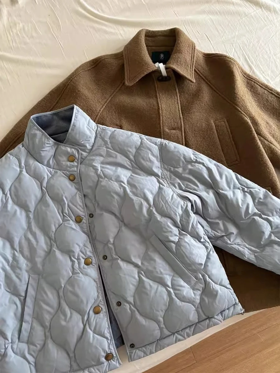 

Loose Casual Lightweight Blue Cotton Jaet Women's Korean Sle Stand Collar Single Button Coat Autumn Winter Faion