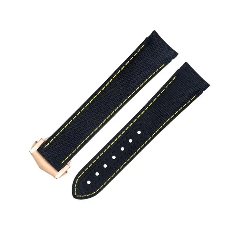 20mm Curved End Watch Band For Omega Strap AT150 300 Planet Ocean De Ville Black Yellow Line High Density Nylon Cowhide