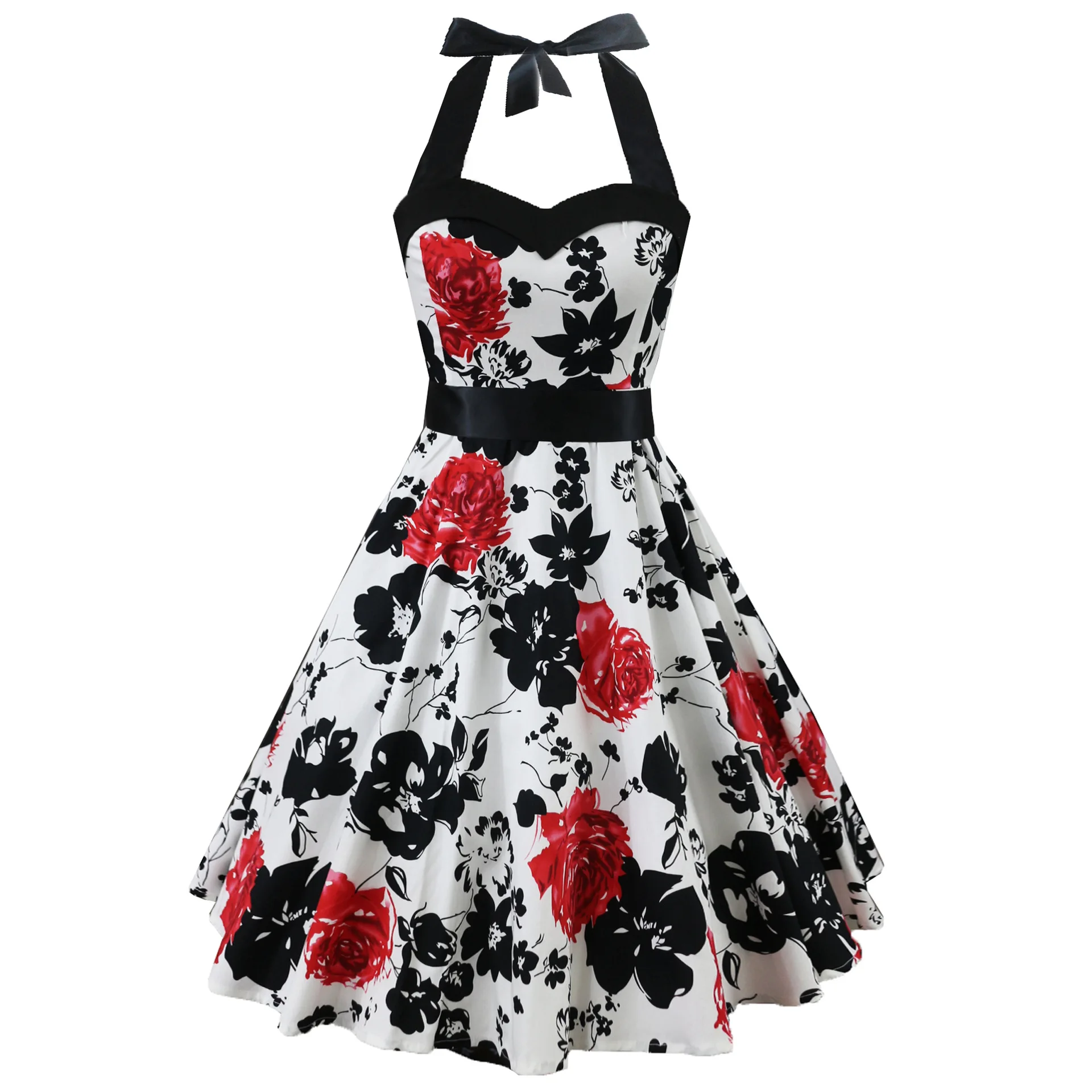 Vintage Printed Simple Neck-hanging Puffy Dress