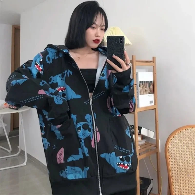 Creative Disney Stitch new cute creative cartoon pattern print statement fashion loose and comfortable hooded cardigan jacket