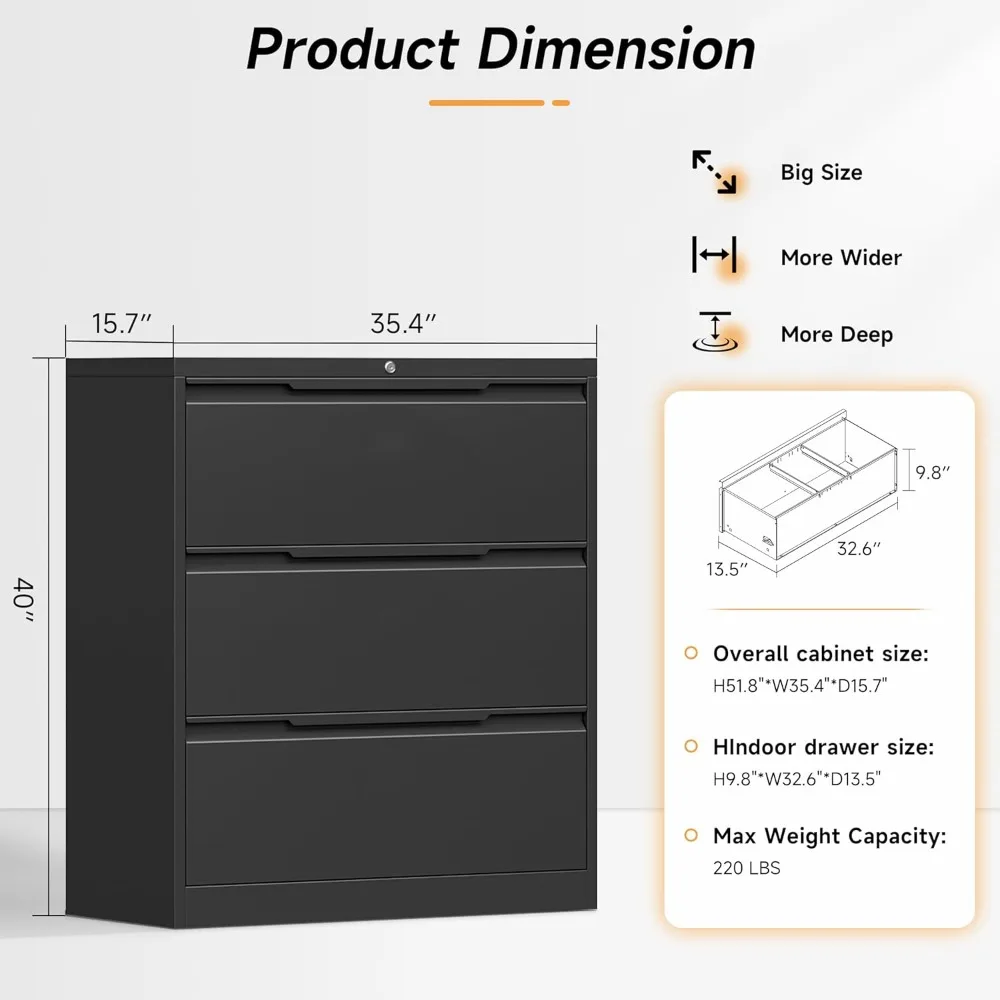 Secure 3-Drawer Metal Lateral File Cabinet for Home and Office, Lockable Steel Storage for Hanging Files, Wide Drawers for Lette