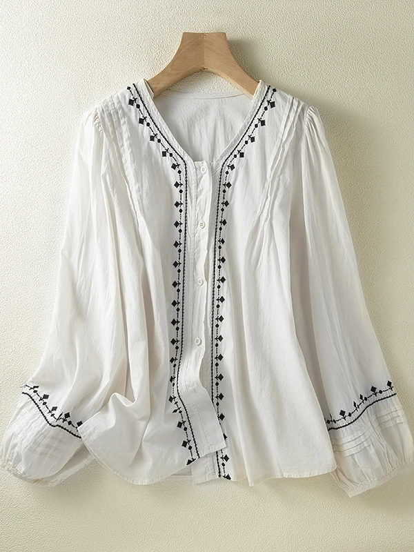 

High-End Women's Ethnic Embroidered Loose Lantern Sve Pure Cotton Sunscreen Cardigan irt Faionable Commute Sle Top