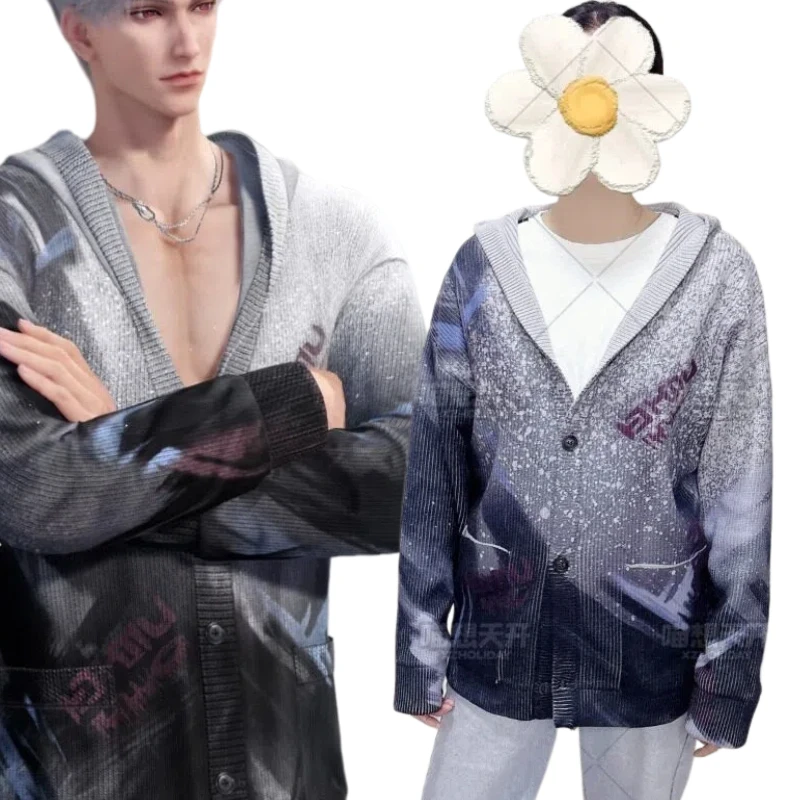 Sylus Costume Game Love and Deepspace Cosplay Purple Knitted Cardigan Hooded Sweater Casual Wear for Women Men