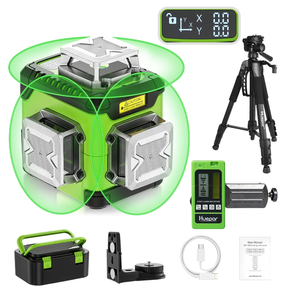 Huepar 3D-Laser-Nivelliergerät, selbstnivellierend, LCD-Bildschirm, hohe Helligkeit, wiederaufladbarer Laser-Nivellierer mit magnetischer Halterung, Hartschalenkoffer