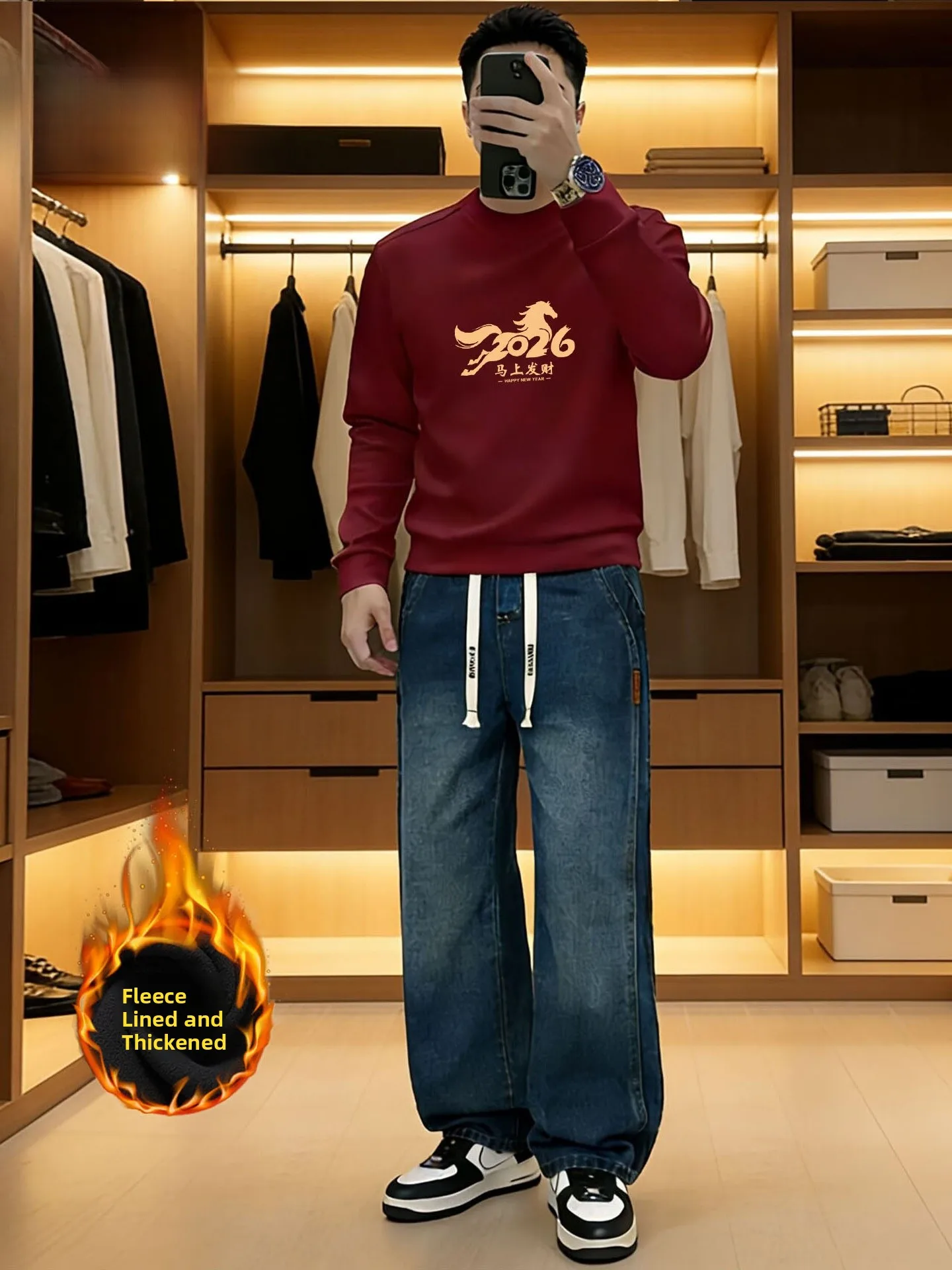 

Комплект из джинсовой куртки свободного кроя на подкладке и свитшота для мужчин, спортивный повседневный зимний молодежный комплект одежды