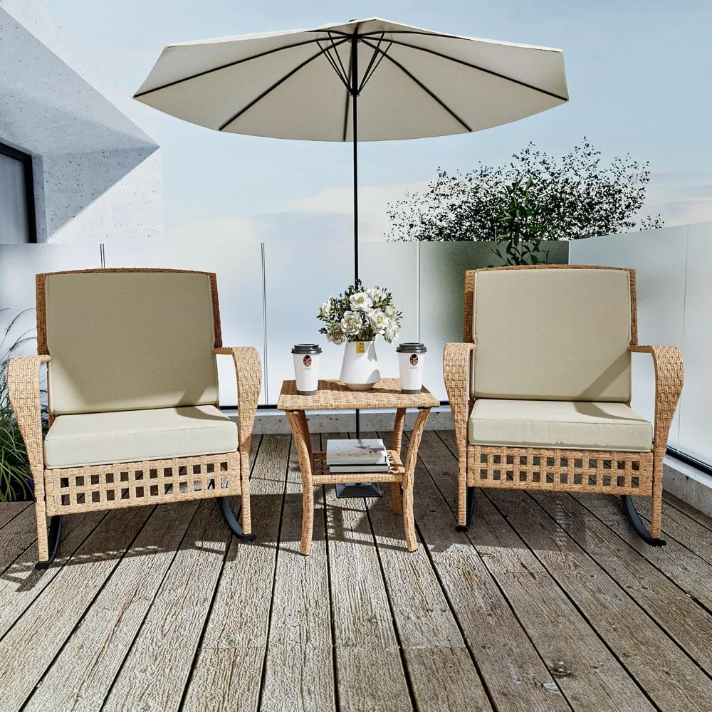 

3 Piece Patio Rattan Rocking Chairs, Patio Conversation Set with Side Table and Thick Cushions, Outdoor Furniture Bistro Set