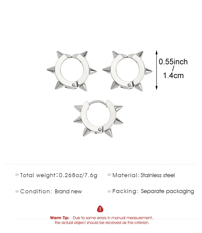 3Pcs Stainless Steel Gothic Punk Clip Earrings Unisex Spike Rivet Cross Non-Pierced Earrings Hip Hop Style Party Jewelry Gifts view 6