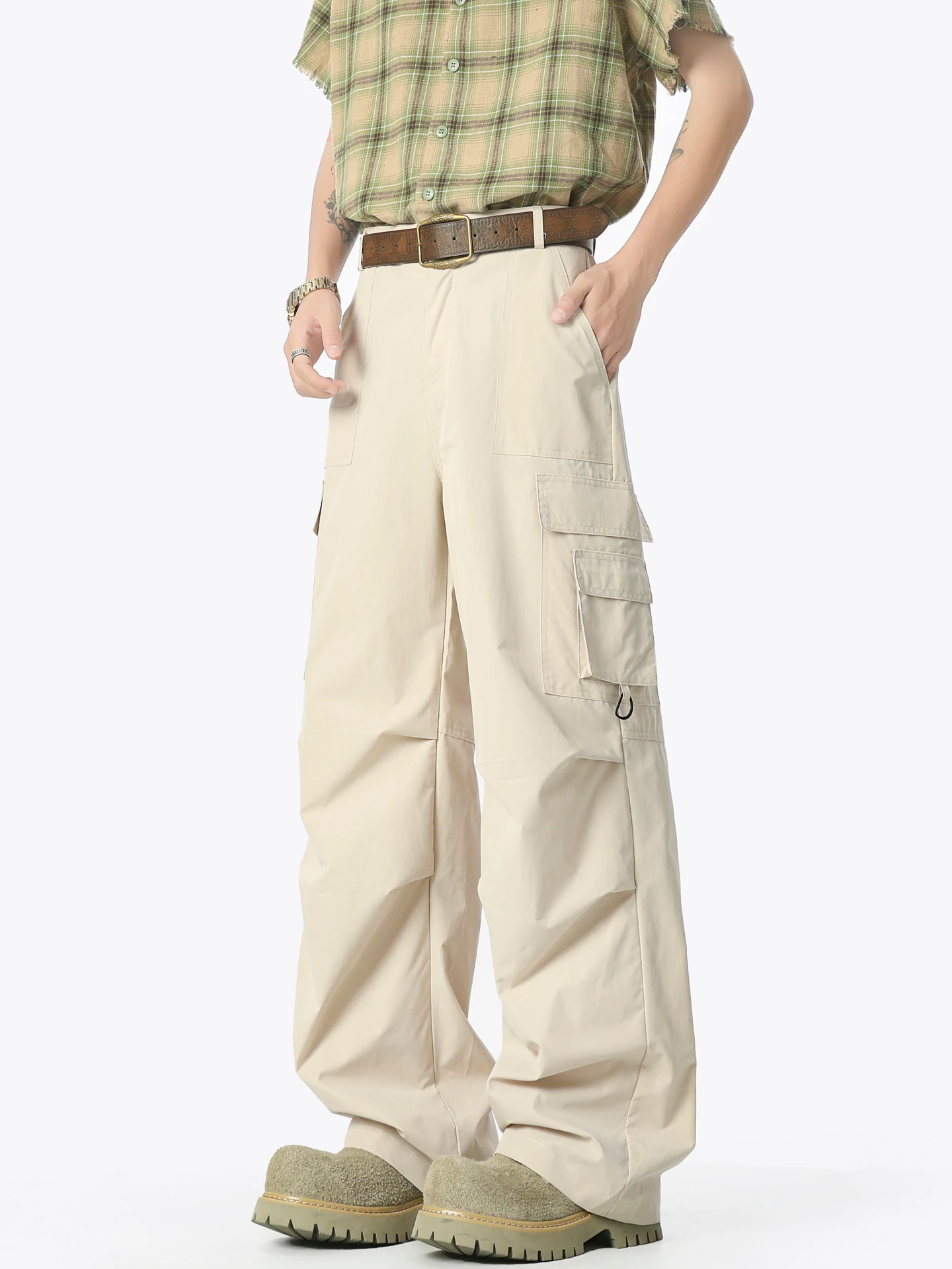 

Модные брюки-карго прямого кроя для мужчин, свободные широкие брюки в стиле ретро, повседневные брюки в уличном стиле с большими карманами