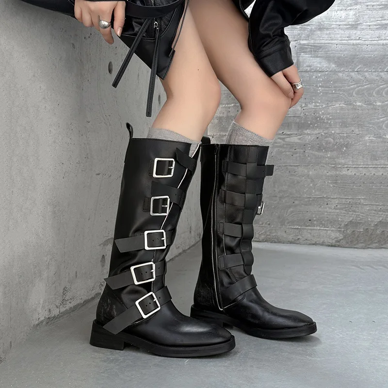 Arden Furtado cowhide Knee high boots Square toe Side zipper Middle heel Motorcycle boots Belt buckle Women's boots