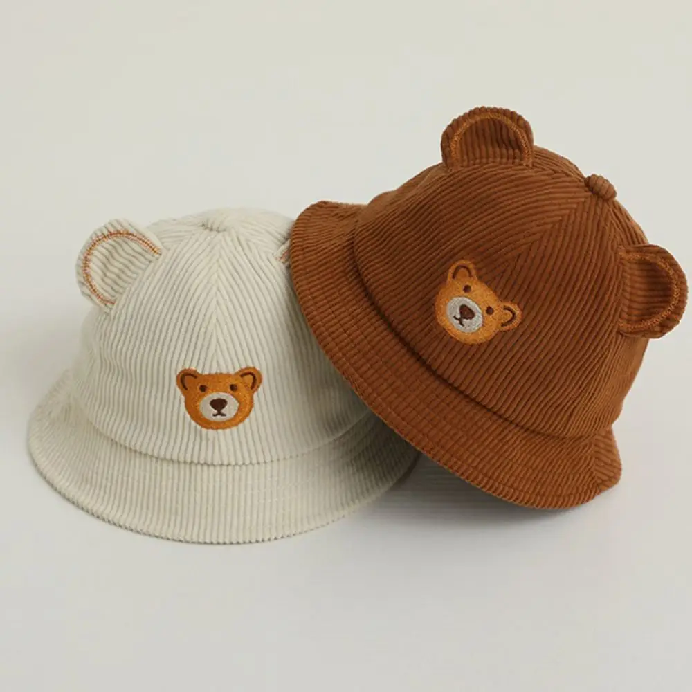 Outdoor Cartoon Bear Baby Bucket Hat Corduroy Sunscreen Kids Caps Cute Sunshade Hat Spring Autumn