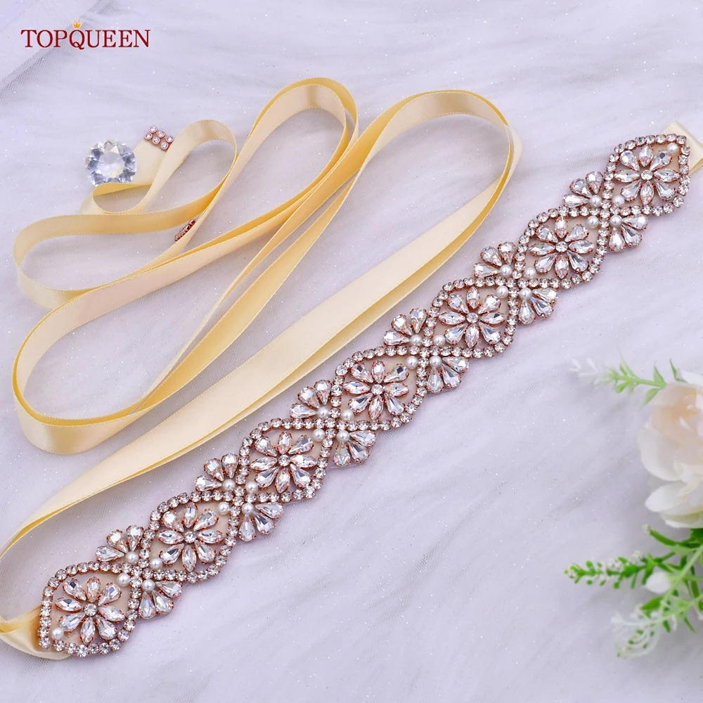 TOPQUEEN S453-RG Bridal Wedding Dress Belt Handmade Luxury Sash Accessories Women Evening Gown Waistband Rose Gold Rhinestone