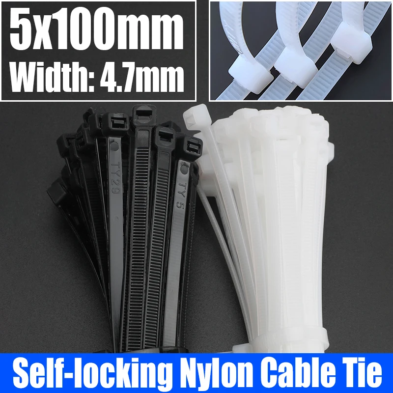 

250PCS White/Black Self-locking Plastic Nylon Cable Tie Zip Wrap Strap Nylon Cable Tie Cable/Wire Fastening Ring 5x100mm