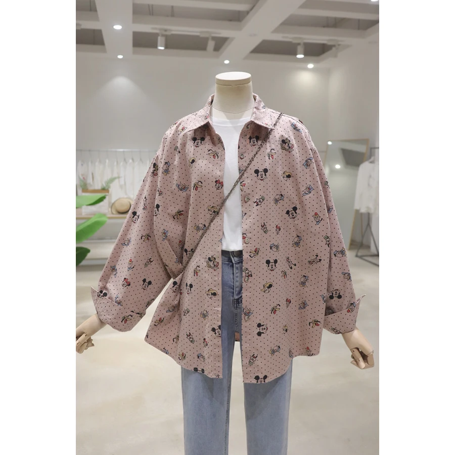 Blus lengan panjang Polka Dot, blus lengan panjang, katun sedang, dan panjang, longgar, musim gugur, kemeja dada tunggal, kartun, mengurangi usia, seluruh tubuh, Polka Dot