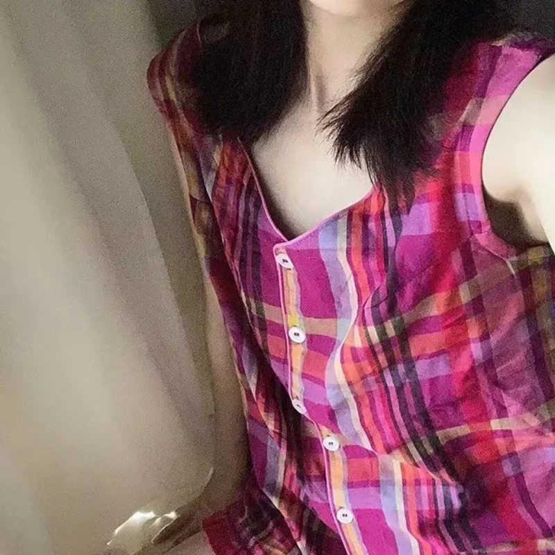 여름 숙녀 잠옷 세트 Ins 컬러 차단 격자 무늬 조끼 잠옷 여성 여름 모델 새로운 민소매 레저 홈 반바지