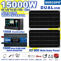SOECOPO 15000W Solar System Kit 2*800W Panels 12V To 110V 220V Pure Sine Inverter and 100A Controller for Home Balcony Camping