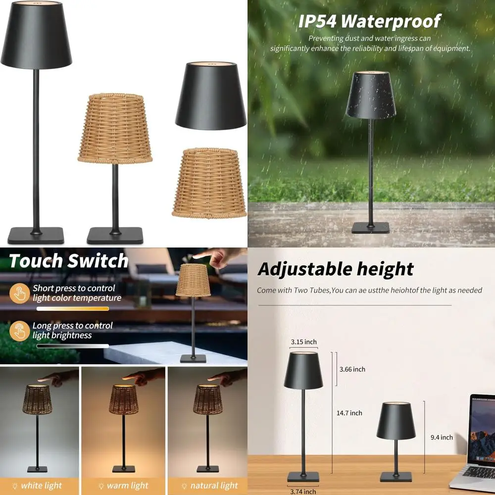 

Набор из 2 портативных перезаряжаемых светодиодных настольных ламп с сенсорным управлением для дома, кухни и уличных обедов (черный)