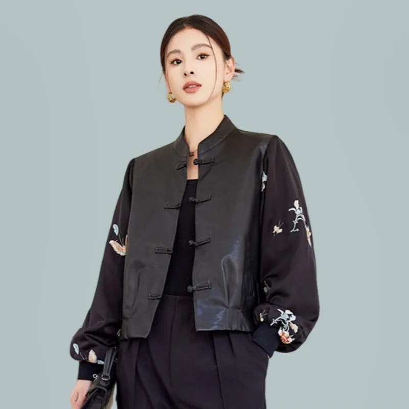 

Chinese Classical Embroidery PU Leather Jacket Women Frog Button Spliced Spring Autumn Vintage Jackets Women Clothing Outerwears